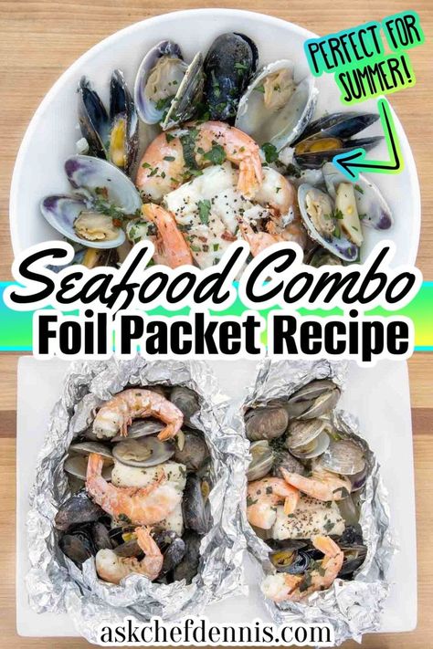 When it comes to grilling nothing beats seafood. This grilled seafood foil packet from Ask Chef Dennis will definitely kick up your grilling game and impress your friends and family with your grilling skills! This is the perfect summer weekend meal or a great meal to make while camping! Seafood Medley, Foil Packet Dinners, Restaurant Style Recipes, Foil Dinners, Foil Packs, Foil Packet Meals, Foil Packet, Delicious Seafood Recipes, Yummy Seafood