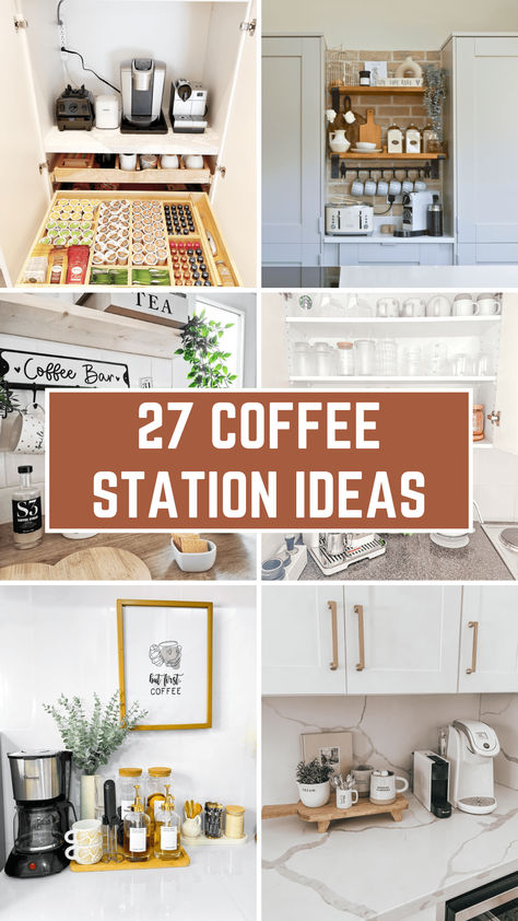 A cozy kitchen corner with a coffee station featuring a wooden shelf, coffee maker, mugs hanging on hooks, and jars of coffee beans and sugar. At Home Coffee Bar Small Spaces, Small Home Coffee Station, Hiding Coffee Station In Kitchen, Coffee Station Shelf Ideas, Coffee Nook Kitchen Counter, Kitchen Pantry Coffee Station, Home Office Tea Station, Coffee Station With Open Shelving, Coffee Bar Station Small Spaces Countertop