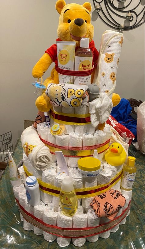 Winnie The Pooh Baby Gift Basket, Winnie The Pooh Basket Ideas, Boy Baby Shower Ideas Winnie The Pooh, Winnie The Pooh Baby Shower Gifts, Baby Pooh Baby Shower Ideas, Pooh Bear Diaper Cake, Winnie The Pooh Baby Shower Ideas Cake, Winnie The Pooh Diaper Cake Ideas, Winne The Pooh Baby Shower Ideas Boy