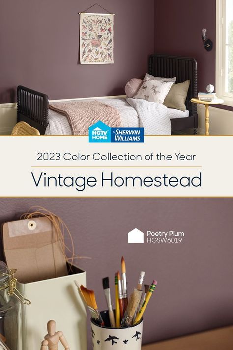 Poetry Plum, Paint Color Of The Year, Plum Paint Colors, Guess Bedroom, Plum Bedroom, Peach Paint Colors, Vintage Homestead, Paint Color Trends, Hgtv Dream Home