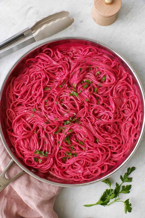 This bright pink pasta is made with steamed beets, giving it a beautiful hue and an earthy, cheesy flavor with added parmesan and ricotta. | Pink Pasta | Beet Pasta | Steamed Beets, Unique Pasta Dishes, Pink Pasta, Beet Pasta, Unique Pasta, Creamy Pasta Dishes, Taco Pasta, Impressive Recipes, Fast Easy Meals