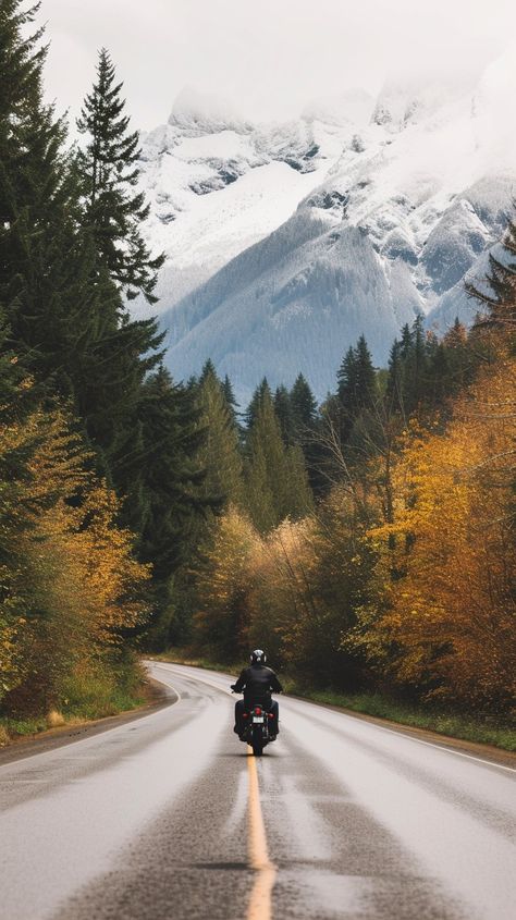 Motorcycle Mountain Adventure: A solo motorcycle rider travels down a picturesque road flanked by autumn trees and snowy mountains. #motorcycle #mountains #adventure #road #autumn #aiart #aiphoto #stockcake ⬇️ Download and 📝 Prompt 👉 https://ayr.app/l/wHJW Motorcycle Vision Board, Motorcycle Road Trip Aesthetic, Beautiful Roads Photography, Fall Motorcycle Photoshoot, Bike Travel Photography, Motorcycle Mountains, Photo Moto, Adventure Photoshoot, Moto Wallpapers