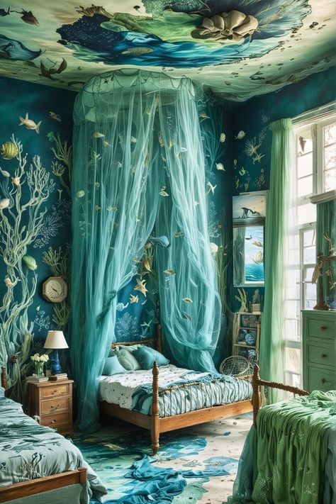 Under The Sea Theme Bedroom, Ocean Themed Bedroom For Kids, Ocean Bedroom Kids, Ocean Theme Bedroom, Sea Bedroom Ideas, Ocean Inspired Bedroom, Diva Bedroom, Ocean Room Ideas