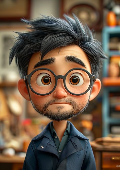 Trending inspired creation managed by ThetaCursed, License: CC BY-NC 4.0 Blurry Background Photography, Cartoon With Glasses, Pixar Character Design, Emo Stickers, Beard Cartoon, Man With Glasses, Male Artworks, Book Illustration Design, Funny Cartoon Pictures