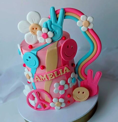 Peace Out Birthday Cake, Preppy Birthday Decorations, Birthday Cake 8th Girl, Preppy Birthday Cake, Peace Sign Cakes, Hippie Cake, Disco Cake, Hippie Birthday Party, Second Birthday Cakes