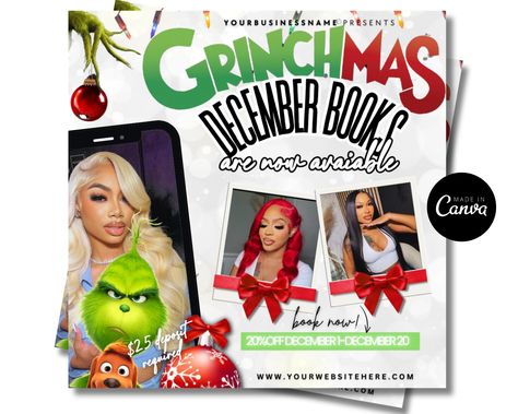 December Booking flyer , Holiday Booking Flyer, Book Now Flyer, Christmas Sale Flyer, Lash, Hair, Makeup, Nails, Wig, Braid Flyers by GIRLBOSSDESIGNZZ on Etsy Christmas Sales Flyer, Christmas Sales Flyer Design, Christmas Flyer Design, Girly Graphic Design, Booking Flyer, Holiday Booking, Custom Birthday Cakes, Christmas Flyer, Flyer Ideas