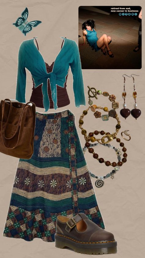 Mitski concert outfit inspired by retired from sad new career in business ￼#mitski #mitskishuffle #music #concert #oufit #retiredfromsadnewcareerinbusiness #blue #brown #teal Mitski Concert, Brown Outfit Aesthetic, Concert Oufit, Teal Outfits, Brown Teal, Outfit Inspired, Brown Fits, Brown Outfit, Music Concert