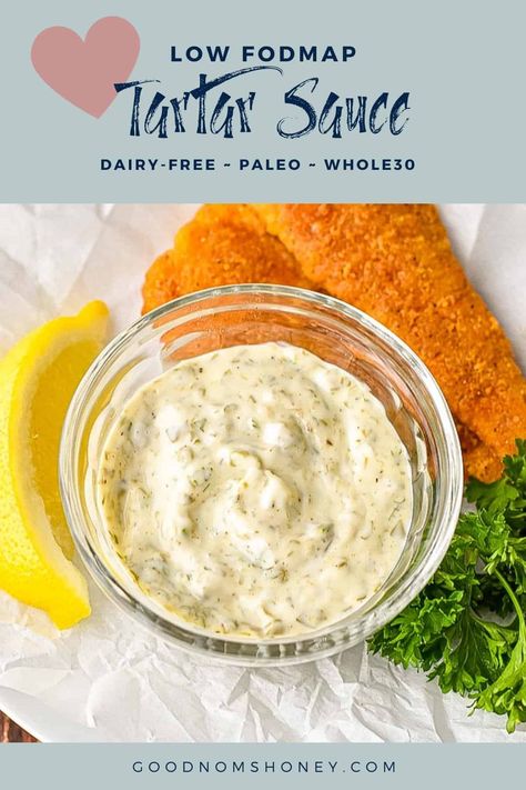 This Low FODMAP Tartar Sauce easily adds some extra zing to your fish and chips and other seafood dishes! So simple to make and containing only five ingredients, after making this, you'll wonder why you ever used the store-bought stuff. #LowFODMAP, #dairyfree, #Paleo and #Whole30 compliant. ~ Good Noms, Honey! ~ Low FODMAP Tartar Sauce ~ Low FODMAP Condiments ~ Low FODMAP Sauces ~ Dairy-free Tartar Sauce ~ Paleo Tartar Sauce ~ Whole30 Tartar Sauce ~ Low FODMAP Seafood Condiments Low Fodmap Dipping Sauce, Low Fodmap Chip Dip, Low Fodmap Sauces And Dressings, Low Fodmap Sauces, Paleo Tartar Sauce, Fodmap Condiments, Fodmap Sauces, Paleo Sauce, Fodmap Recipes Dinner