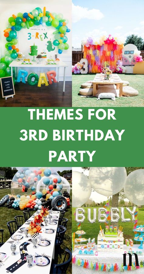 Get inspired by over 30+ original ideas for kids 3rd birthday party themes and save your favorites to Pinterest! Dive into a world of ideas with themes from Disney to dinosaurs, perfect for girls and boys. Strawberry pink mermaid dreams or construction and tractor adventures await! Save this pin for later! Jungle Themed 3rd Birthday Party, Three Bday Theme, 3rd Birthday Theme Twins, Twins 3rd Birthday Party Themes, Small 3rd Birthday Party Ideas, Age 3 Birthday Party Ideas, Three Party Theme, Turning 3 Birthday Themes, Birthday Theme 3rd Birthday