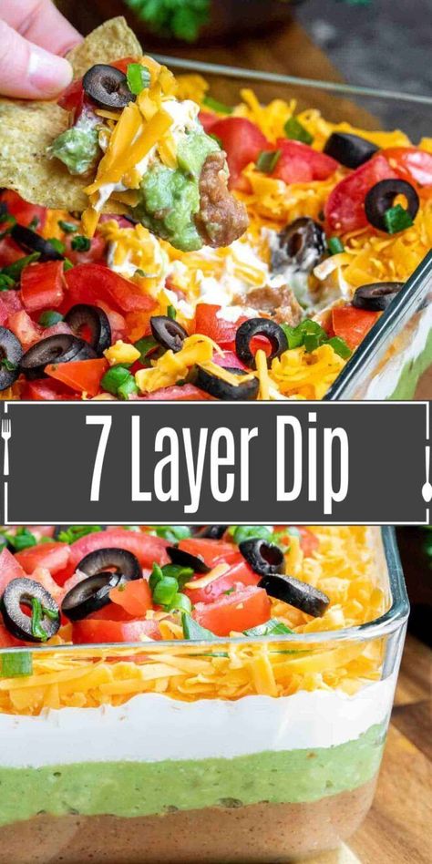 This easy Mexican 7 Layer Dip is the perfect dip recipe for a crowd! This game day dip can be made ahead of time and served cold or at room temperature with chips. It's the perfect appetizer for Cinco de Mayo, 4th of July and summer picnics and it makes great game party food! This vegetarian dip is layers of sour cream, guacamole, beans, tomatoes, cheese, olives, and onions. Mexican 7 Layer Dip, Easy Dips To Make, Layer Dip Recipe, 7 Layer Dip Recipe, Mexican Layer Dip, Vegetarian Dip, Dip Recipes Hot, Cold Dip, Layered Dip