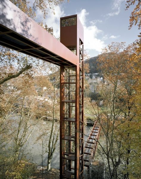 Limmat Footbridge and Promenade Lift  / Leuppi & Schafroth Architekten Landscape Structure, Lookout Tower, Lift Design, Pedestrian Bridge, Bridge Design, Watch Tower, Urban Design, Walkway, Landscape Architecture