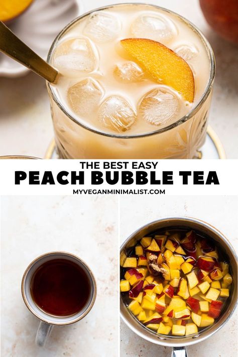 This refreshing peach bubble tea is SUPER simple and based on a peach syrup you can make yourself in 10 minutes. No fancy ingredients are required for this fruity twist on the beloved milk tea. This recipe uses real fruit juice and might just be my favorite boba flavor of all time. And what's even better, it's way cheaper than buying it from a vendor (like Gong Cha, Ding Tea, Chatime, Tastea, Starbucks, etc). Chinese Milk Tea Recipe, Peach Bubble Tea, Cinnamoroll Cafe, Fruit Tea Recipes, Peach Tea Recipe, Boba Tea Recipe, Vegan Minimalist, Virgin Drinks, Bubble Tea Recipe