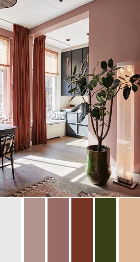 Terracotta And Olive Living Room, Cohesive Home Color Palette, Living Room Designs Warm Color Schemes, Mauve And Green Living Room, Brown Color Palette Living Room, Living Room Color Palette Ideas, Paint Colors For Home Interior, Interior Color Combinations, Color Palette Interior