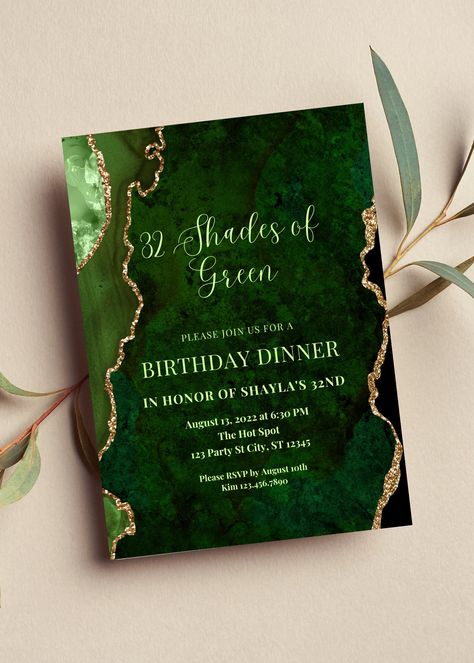 Editable shades of green birthday dinner invitation perfect for your next birthday party or birthday dinner. This green and gold invitation can be edited yourself using Canva. If you choose to print yourself the print size is 5x7 and can be printed on cardstock invitation paper. You can also have the completed file taken to your local print shop and have them print. Can also be saved as an image to use as a text invitation or email invitation. All the wording is editable. Details: Shades of Green Birthday Dinner invitation with green and gold agate design. Wording can be changed to accommodate all the great milestone birthdays such as sweet 16, 18th birthday, 21st birthday, 30th birthday, 40th birthday, 50th birthday, 60th birthday and so on! Wording can be edited for any occasion. HOW IT Emerald Green Black And Gold Dinner Party, Green And Gold Themed Birthday Party, Ivy Themed Party, 50 Shades Of Green Birthday Party, Shades Of Green Birthday Party, Emerald Birthday Party, Green And Gold Birthday Invitation, Green And Gold Sweet 16, Emerald Green Birthday Party Ideas