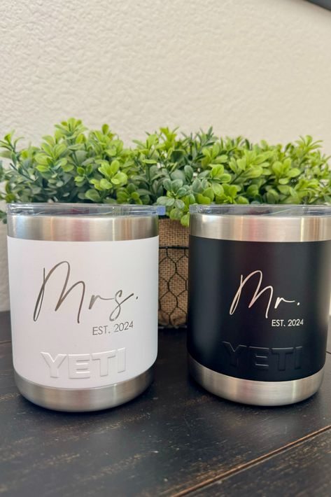 Gift your favorite couple the perfect engagement gift with this Mr. and Mrs. Yeti Lowball Tumbler set. This elegant gift will be a nice addition to any bar for the newlyweds. Bride Merch, Yeti Lowball, Custom Yeti, Yeti Cooler, Perfect Engagement Gifts, Engagement Party Gifts, Water Wedding, Merch Ideas, Yeti Tumbler