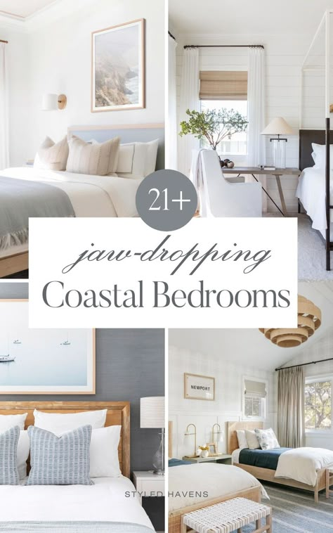 Searching for coastal bedroom ideas and decor? Coastal bedroom spaces are *our vibe* - and today, we've hand-picked our very fav coastal bedroom design inspo that you *need* to see. Whether you're looking for coastal interior inspo, for the perfect neutral bedroom, or just want to scroll through coastal style bedroom inspiration - *this* is the cozy bedroom inspo you're looking for! Master Bedrooms Soothing, Bedroom Vacation Style, Coastal Modern Farmhouse Bedroom, Master Bedrooms Decor Light And Airy, Modern Coastal Airbnb, Australian Master Bedrooms, Beach Farmhouse Bedroom Ideas, Coastal Comforter Sets, Calm Coastal Decor