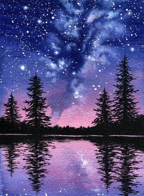 Galaxy Art Painting, Watercolor Night Sky, Night Sky Art, Sky Art Painting, Watercolor Paintings Nature, Night Sky Painting, Web Comic, Canvas For Beginners, Lake Painting