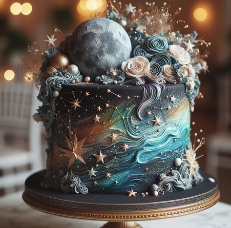 Magical Cake Ideas, Unique Bday Cake, Fantasy Cake Ideas, Witchy Birthday Cake, Galaxy Themed Cake, Delish Cakes, Planet Cake, Huge Cake, Galaxy Cake