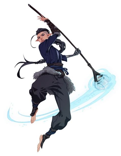 A skilled fighter. She doesn't take bull and stands up for her friends. She's quick to judge and make enemies. There is a balance in her, and she can manipulate air. She is light on her feet, making her a hard opponent to catch. Character With A Staff, Quarter Staff Poses Drawing, Poses With Big Hammer, Magic Staff Poses Drawing, Person With Staff Reference, Spear Character Design, Poses With Spear, Polearm Character Art, Person Holding Staff