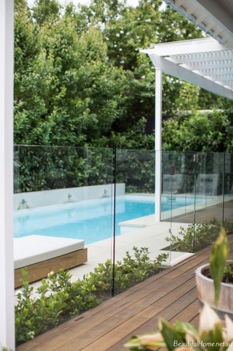 Looking at an alternative product to timber for our front porch. Gallerie B blog. Glass Pool Fencing, Glass Fence, Outdoor Pool Area, Patio Pergola, Pool Landscape Design, Glass Pool, Backyard Pool Landscaping, Pool Fence, Garden Architecture