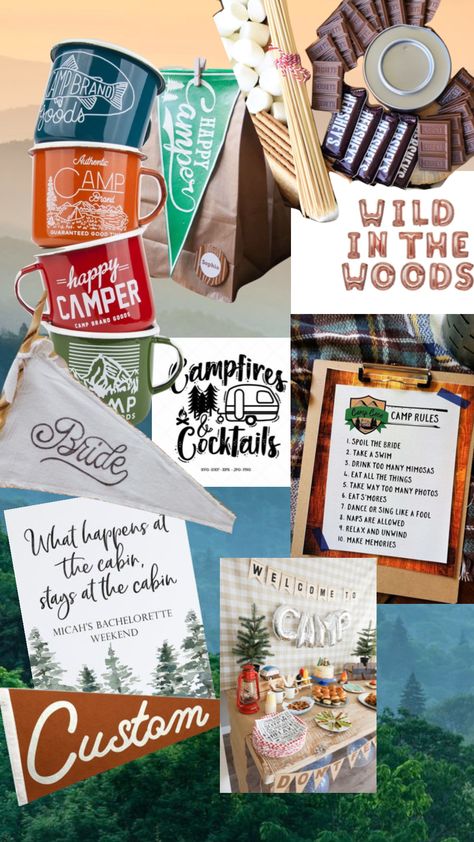 Camp Bride Bachelorette Theme National Park Themed Bachelorette, Camping Bachelorette Party Decorations, Camp Themed Engagement Party, Champs And Camp Bachelorette, National Park Themed Bachelorette Party, Summer Camp Bachelorette Party Decorations, Bachelorette Party Themes Camping, Camping Bachelorette Theme, Bachelorette Party Themes Camp