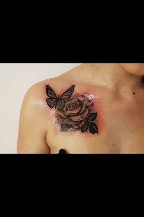 Name Tattoos Cover Up Ideas, Butterfly Tattoo Middle Of Chest, Rose Tattoo Chest Woman, Rose Tattoo On Chest Female, Off Shoulder Tattoo, Shoulder Butterfly Tattoos For Women, Front Chest Tattoo Female, Chest Tattoos For Women Upper, Flower Tattoo On Chest