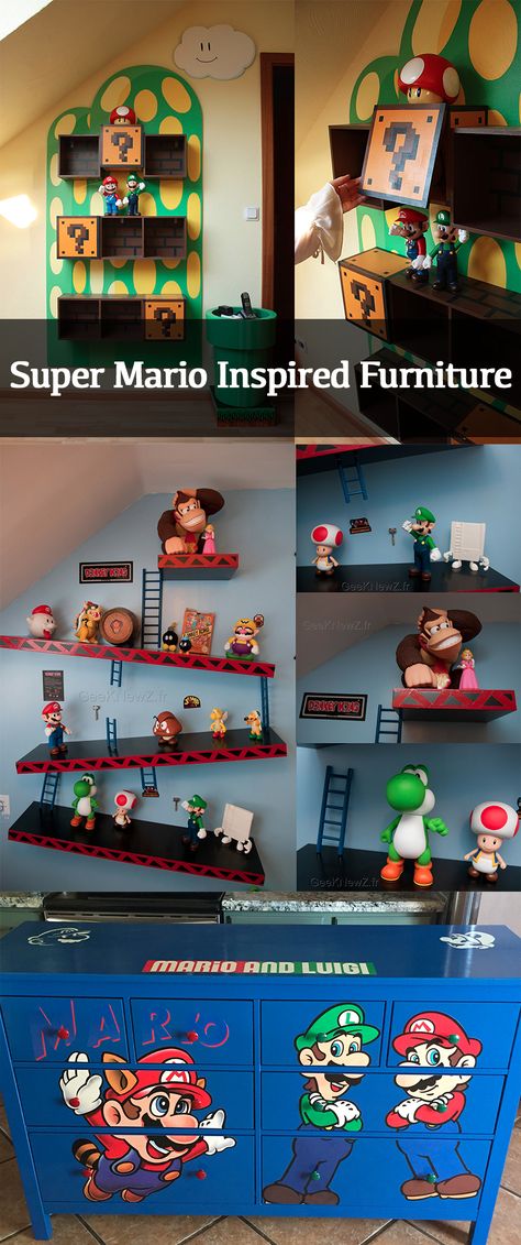 Super Mario Bunk Bed, Mario Bunk Bed, Nintendo Furniture, Mario Kart Bedroom Ideas, Mario Kart Bedroom, Mario Furniture, Super Mario Room Decor, Mario Bros Bedroom Ideas, Super Mario Bros Bedroom Ideas