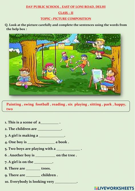 Picture Composition For Kindergarten, 2nd Grade Reading Comprehension Lessons, Descriptive Writing For 2nd Grade, Picture Composition With Helping Words, Picture Description For Class 2 English, English Revision Worksheets Grade 1, Class 2 English Worksheets Comprehension, Doing Words Worksheet For Class 2, Picture Writing For Grade 1