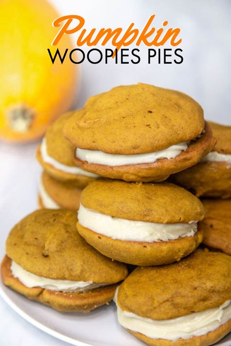 Pumpkin Whoopie Pies Recipe with Cream Cheese Filling - April Golightly Pumpkin Woopie Cookies, Whoops Pies, Mom Desserts, Whoopi Pies, Pumpkin Whoopie Pie Recipe, Pumpkin Foods, Pumpkin Food, Whoopie Pie Recipe, Pumpkin Whoopie Pies