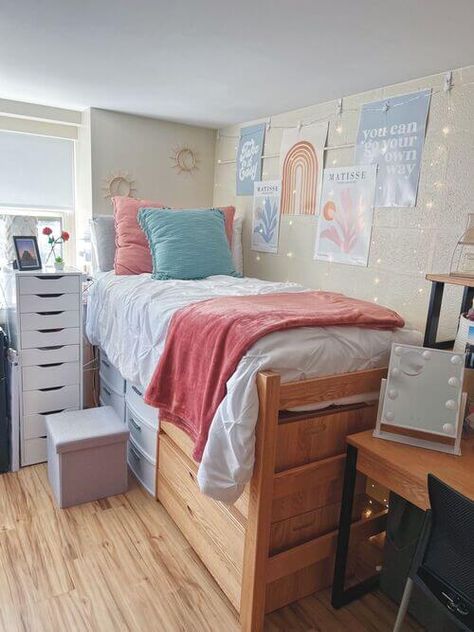 31 Insanely Cute Dorm Room Color Scheme Ideas To Recreate In 2023 Penn State College Dorm, Cute Dorm Rooms Boho, Utampa Dorm Room, Dorm Room Ideas Grey And Pink, Blue Bedroom Pink Accents, Pink And Blue Boho Bedroom, Cute Aesthetic Dorm Rooms, Blue Pink Dorm Room, Dorm Decor Inspiration