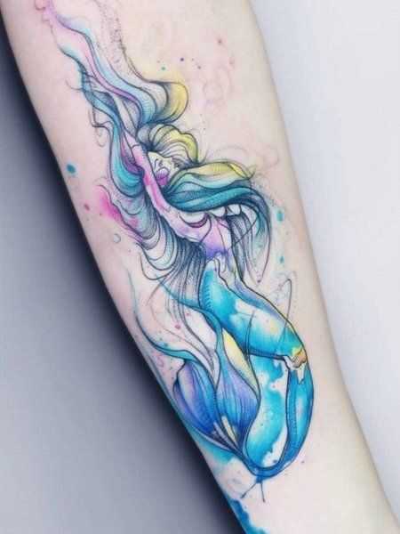 Watercolor Mermaid Tattoo, Mandala Arm Tattoo, Tattoo Mermaid, Mermaid Tattoo Designs, Tattoos Mandala, Tattoo Color, Watercolor Mermaid, Muster Tattoos, Disney Tattoo