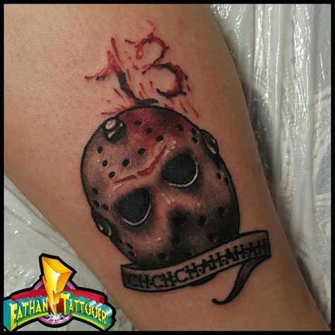 Small Jason Tattoo, Scary Halloween Tattoos, 80s Horror Tattoo, Devils Rejects Tattoo, Horror Movie Tattoos For Women, Jason Tattoo Design, Horror Movie Tattoos Sleeve, Small Horror Movie Tattoos, Shared Tattoos