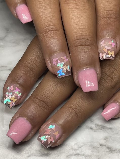 Nails For 8 Yrs Old, Nail Ideas With Butterflies, Butterfly Short Nails, Short Butterfly Nails, Sprinkle Nails, Nail Designs Easy Diy, Kids Nail Designs, Y2k Baddie, Confetti Nails