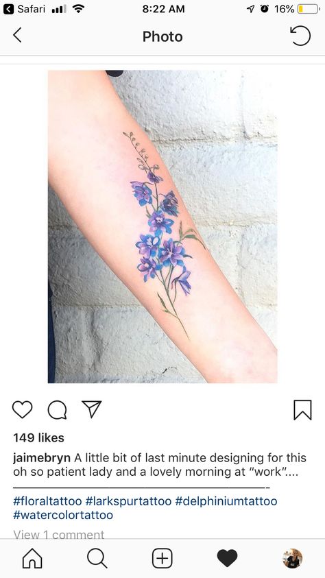 July Birth Flower - Larkspur, watercolor tattoo Delphinium Flower Tattoo, Larkspur Flower Tattoo, July Tattoo Ideas, Delphinium Tattoo, Larkspur Flower Tattoos, Larkspur Tattoo, Water Lily Tattoos, July Birth Flower, Larkspur Flower