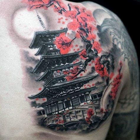 Mens Upper Back Shoulder Japanese Temple With Cherry Blossom Tattoo Japanese Temple Tattoo, Geisha Tattoos, Japanese Tattoos For Men, Temple Tattoo, Japanese Tattoo Symbols, Kunst Tattoos, Wild Tattoo, Japanese Temple, Japanese Tattoos