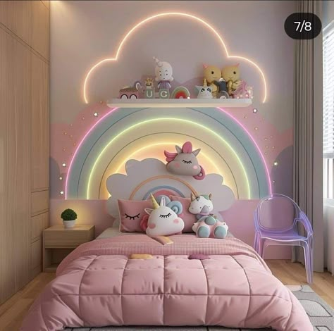 Unicorn Room Decor Kids Girls Bedroom, Unicorn And Rainbow Bedroom, Unicorn Bedroom Ideas Kid Rooms, Girls Bedroom Unicorn, Unicorn Bedroom Ideas, Big Girl Room Ideas, Ideas Para Cuarto, Indie Bedroom, Rainbow Bedroom