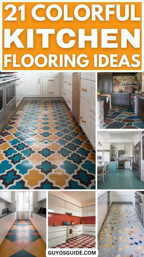 21 Colorful Kitchen Flooring Ideas Kitchen With Patterned Tile Floor, Country Kitchen Flooring Ideas, Kitchen Flooring Ideas Laminate, Rubber Kitchen Flooring, Kitchen Tile Floor Next To Hardwood, Unique Flooring Ideas, Rubber Flooring Kitchen, Kitchen Floor Inspiration, Roll Vinyl Flooring