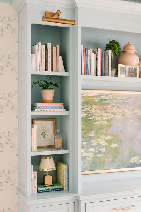 Jewel Box Family Room Built In Ideas Living Room, Light Blue Built Ins, Small Alcove Ideas Living Room, Built In Bookshelves Tv, Colorful Built Ins, Small Alcove Ideas, Built In Shelves Bedroom, Built In Wall Storage, Basement Bookshelves