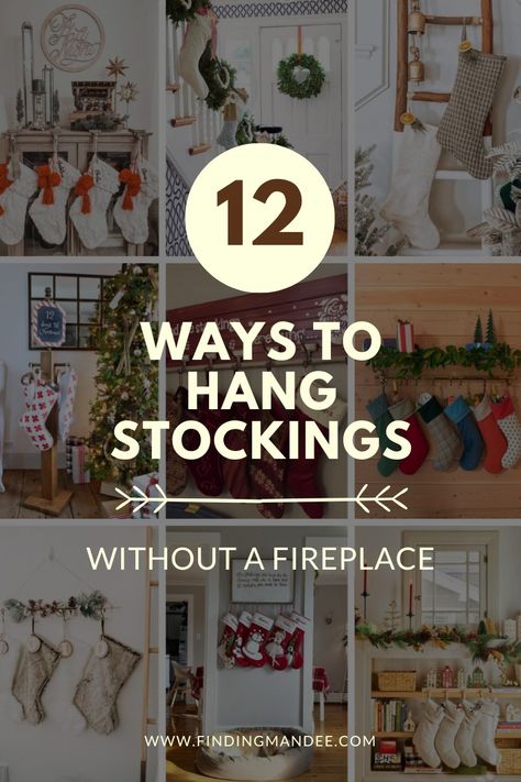 12 Places to Hang Stockings Without a Fireplace - finding mandee Ideas For Hanging Stockings Without A Mantle, Where To Put Christmas Stockings With No Fireplace, Hanging Christmas Stockings No Mantle, Hang Up Stockings Without Fireplace, Display Stockings Without Fireplace, Stockings Hanging From Stairs, Stockings On Shelves, How To Hang Stockings On Fireplace, Where To Put Stockings Without Fireplace