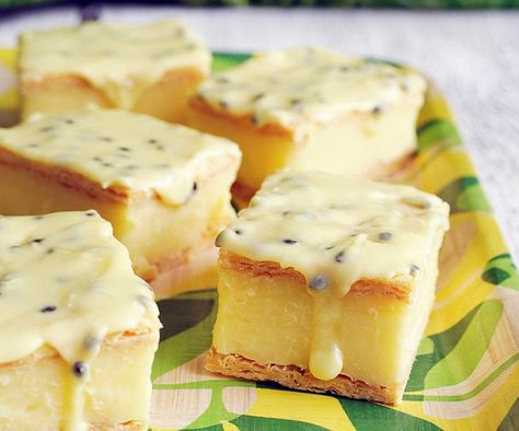 Passionfruit Icing, Vanilla Slice Recipe, Vanilla Slice, Custard Slice, Slice Recipe, The Whoot, One Dish Dinners, Healthy Recipes Easy Snacks, Frozen Puff Pastry