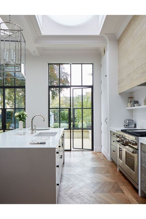 Kitchen - light well above kitchen. This layout allows the kitchen to enjoy the lighter part of the room. Modern Victorian House, Bright Kitchens, Modern Victorian, White Modern Kitchen, Design Del Prodotto, Stylish Kitchen, Kitchen Layout, Glass Doors, Kitchen Flooring