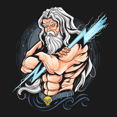 Zeus God Of Thunder, Thunder And Lighting, Zeus God, Work Cartoons, God Artwork, Corporate Portrait, Fashion Logo Design, Retro Logo, God Illustrations