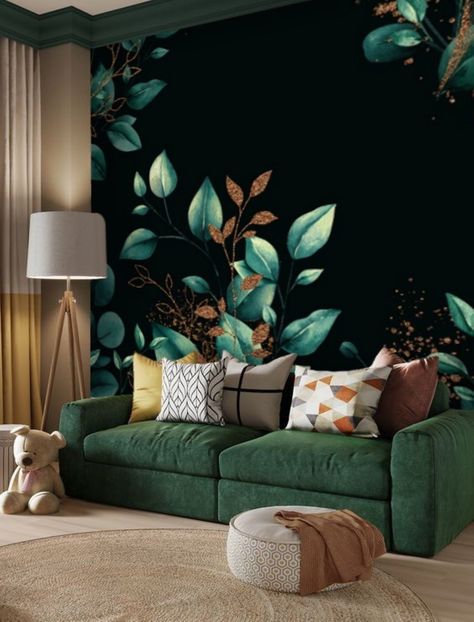 "Welcome to TapetShow, where you can give your walls a beautiful look with our SELF ADHESIVE, removable peel and stick dark botanical wallpaper wall mural - easier to install and less mess! This stunning oversized floral print has a black background with green watercolor leaves. This \"wallpaper\" is typically used to add impact to a focal wall as a mural. FEATURES ▪ Self adhesive peel and stick, removable wallpaper mural. ▪ Digitally printed and cut. ▪ Created using the latest, ecological HP te Green Floral Wall Mural, Greenery Wallpaper, Glam Wall Decor, Floral Peel And Stick Wallpaper, Sticker Wallpaper, Dark Green Wallpaper, Vintage Leaves, Focal Wall, Bedroom Wallpaper