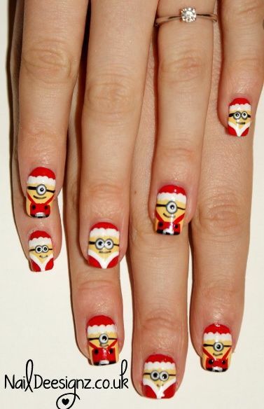 Minion Nail Art, Minion Nails, Mail Designs, Minion Christmas, Xmas Nail Art, Funky Nail Art, Christmas Mail, Fingernail Designs, Christmas Nails Easy