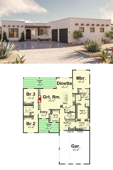 Experience the elegance and charm of an Adobe Style 3-Bedroom Single-Story House Plan designed for a Corner Lot. This open-concept home boasts spacious living areas, perfect for entertaining and relaxation. With its unique architectural features and thoughtful design, this house plan is sure to impress. #AdobeStyleHome #SingleStoryLiving #OpenConceptDesign #CornerLotLiving Adobe Style Homes, Open Concept House Plans, Open Concept Home, Single Story Homes, Model House Plan, Corner Lot, Built In Bench, Pergola Patio, Spacious Living