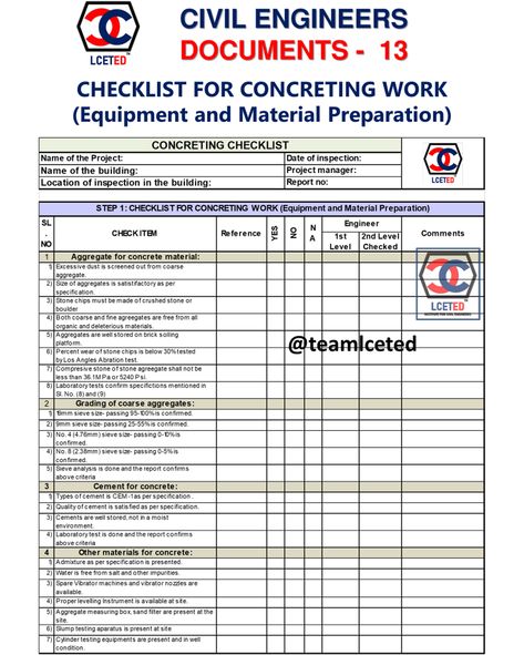 Inspection Checklist for Concrete Placement | Pre, Post and during PlacementTo achieve greater strength and durability of the structural inspection of concreting works is important. So we need to make all the checks during the inspection of concrete as a checklist. The checklist will be the record of concrete placement and quality control measures taken on the site    (adsbygoogle = window.adsbygoogle || []).push({});   We should have 3 types of checklists for concreting work 1. C Work Checklist, Pouring Concrete, Form Example, Inspection Checklist, Civil Engineering Design, The Checklist, Construction Documents, Concrete Materials, Precast Concrete