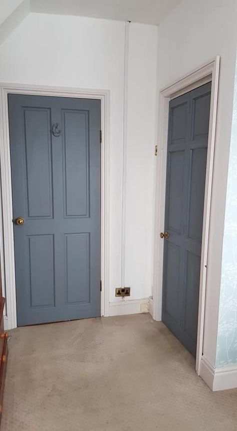 Blue Interior Doors Hallways, Grey Blue Door, Blue Hallway Doors, Wooden Door Paint Color, Blue Internal Doors, Navy Doors Interior, Wooden Door Colour Ideas, Navy Blue Interior Doors, Blue Doors Interior