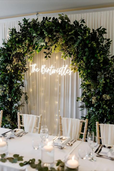 Wedding Neon Sign Backdrop, Wedding Table Backdrop Ideas, Wedding Neon Light, Fashion Text, Head Table Backdrop, Custom Wedding Decor, Head Table Wedding, Sweetheart Table Wedding, Wedding Planning Decor