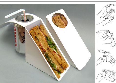 Sandwich Package Concept by David  Asher Wilson.  the can becomes a handle allowing you to eat and drink one-handed. Sandwiches Packaging, Sandwiches Aesthetic, Kids Sandwiches, Sandwiches Cold, Sandwiches Grilled, Easy Sandwiches, Sandwiches Chicken, Club Sandwiches, Lunch Sandwiches