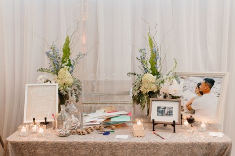 Receiving Table with White/Ivory and Pale Blue with a touch of Greenery Bouquet, photography by NORR Studio. Receiving Table Wedding Decor, Receiving Table Wedding, Wedding Receiving Table, Welcome Table Wedding Entrance, Wedding Guess Book, Wedding Gift Table Ideas, Wedding Guest Book Table Decorations, Wedding Entry Table, Wedding Entrance Table